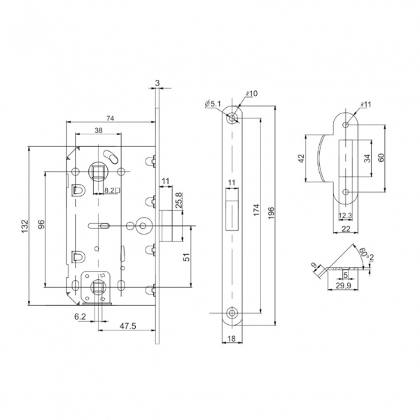 Защелка врезная PL96WC-50/BL CP (хром) Пунто